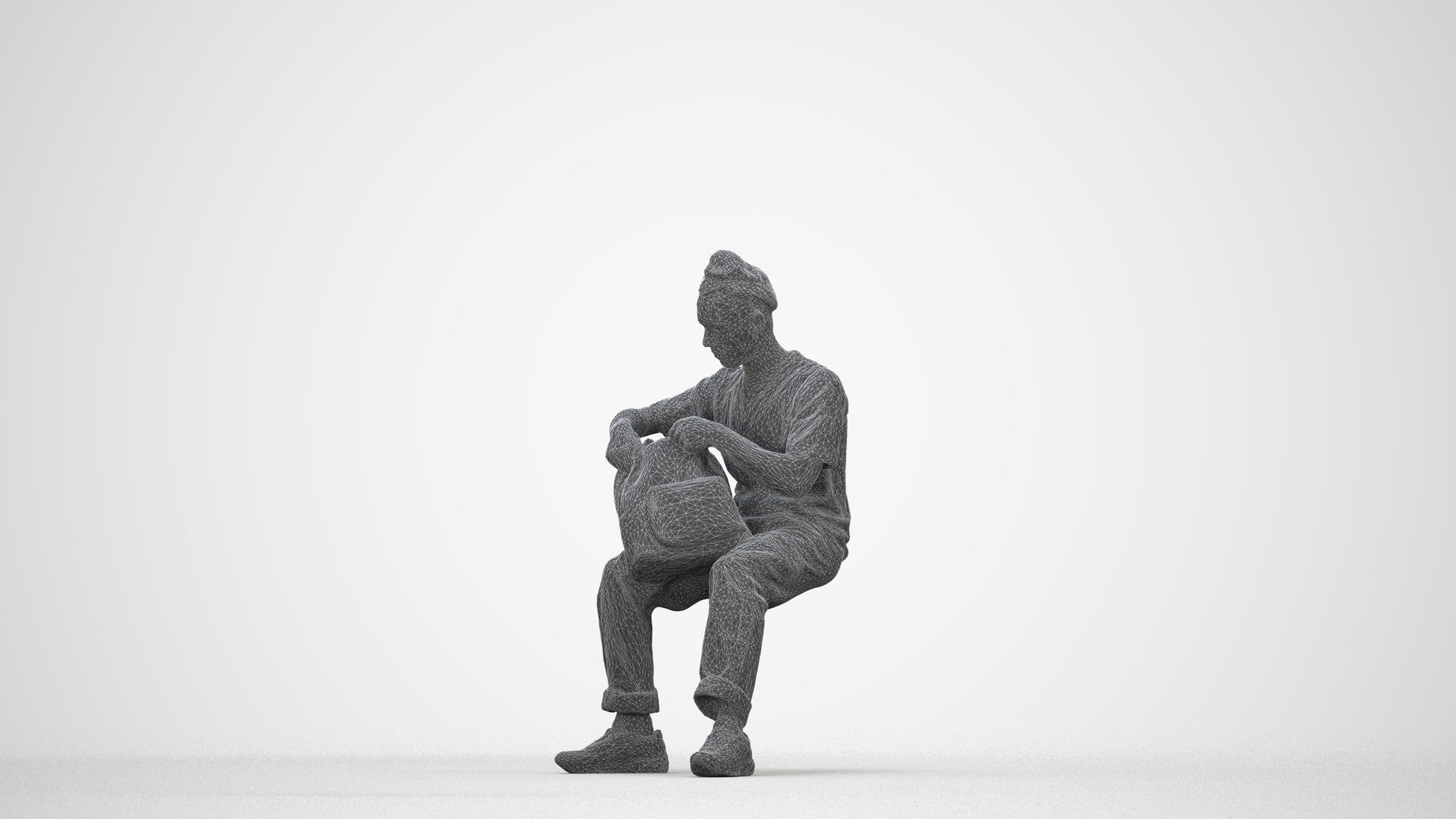 3D human model man casual sitting, photogrammetry scanned person for archviz, wireframe back view