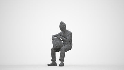 3D human model man casual sitting, photogrammetry scanned person for archviz, wireframe back view
