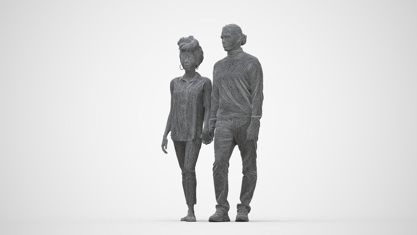 3D human model woman casual couple, photogrammetry scanned person for archviz, wireframe back view