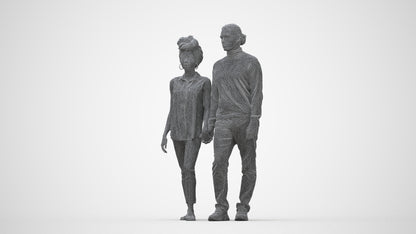3D human model woman casual couple, photogrammetry scanned person for archviz, wireframe back view