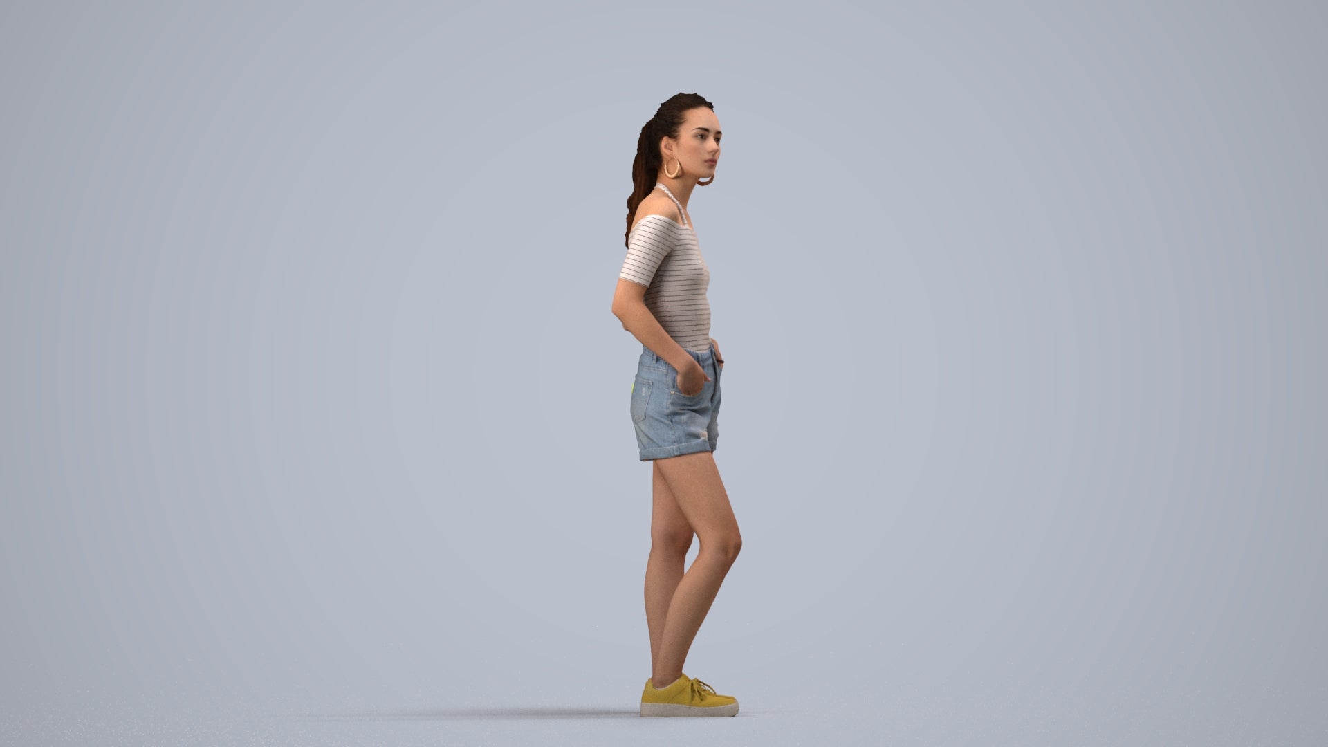 3D human model woman casual standing, photogrammetry scanned person for archviz, side view render