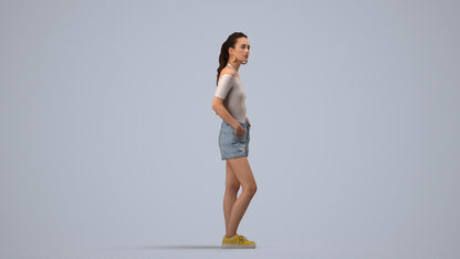 3D human model woman casual standing, photogrammetry scanned person for archviz, side view render