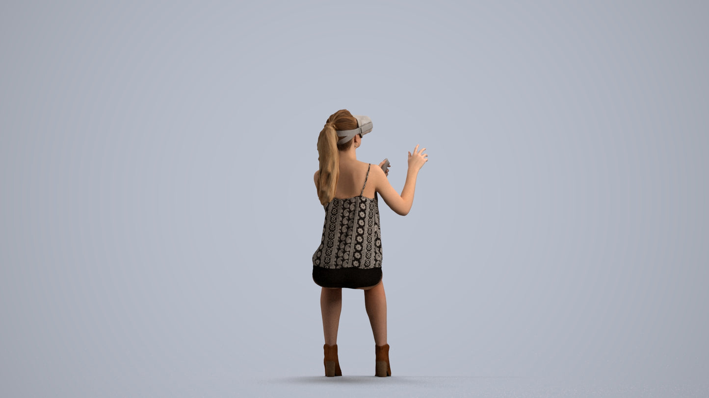 3D human model girl casual sitting, photogrammetry scanned person for archviz, front view render