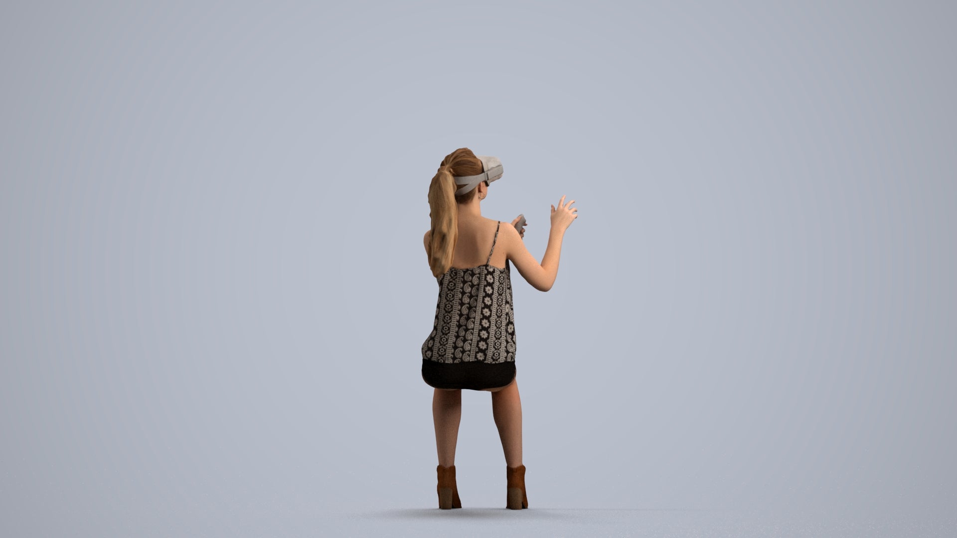 3D human model girl casual sitting, photogrammetry scanned person for archviz, front view render