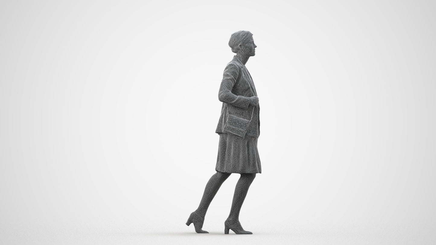 photogrammetry 3D woman business walking, realistic human model archviz FBX, wireframe side view