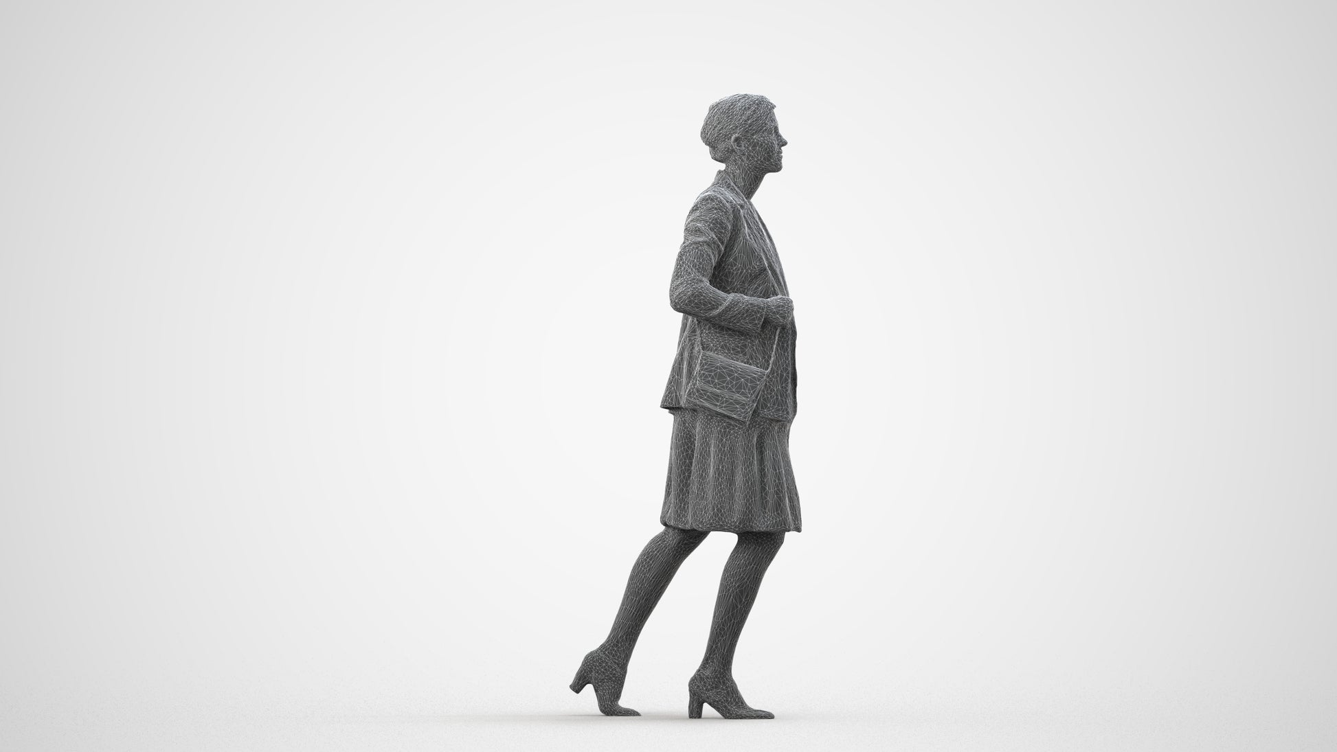 photogrammetry 3D woman business walking, realistic human model archviz FBX, wireframe side view