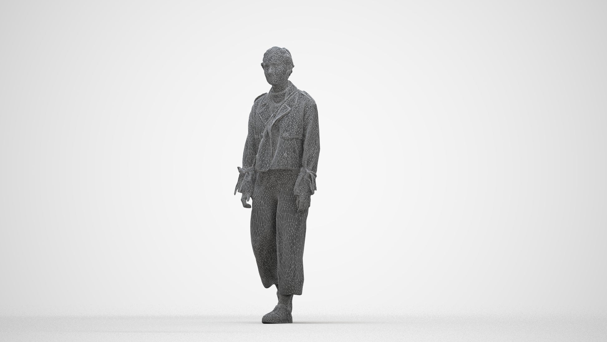 3D human model woman casual walking, photogrammetry scanned person for archviz, wireframe back view