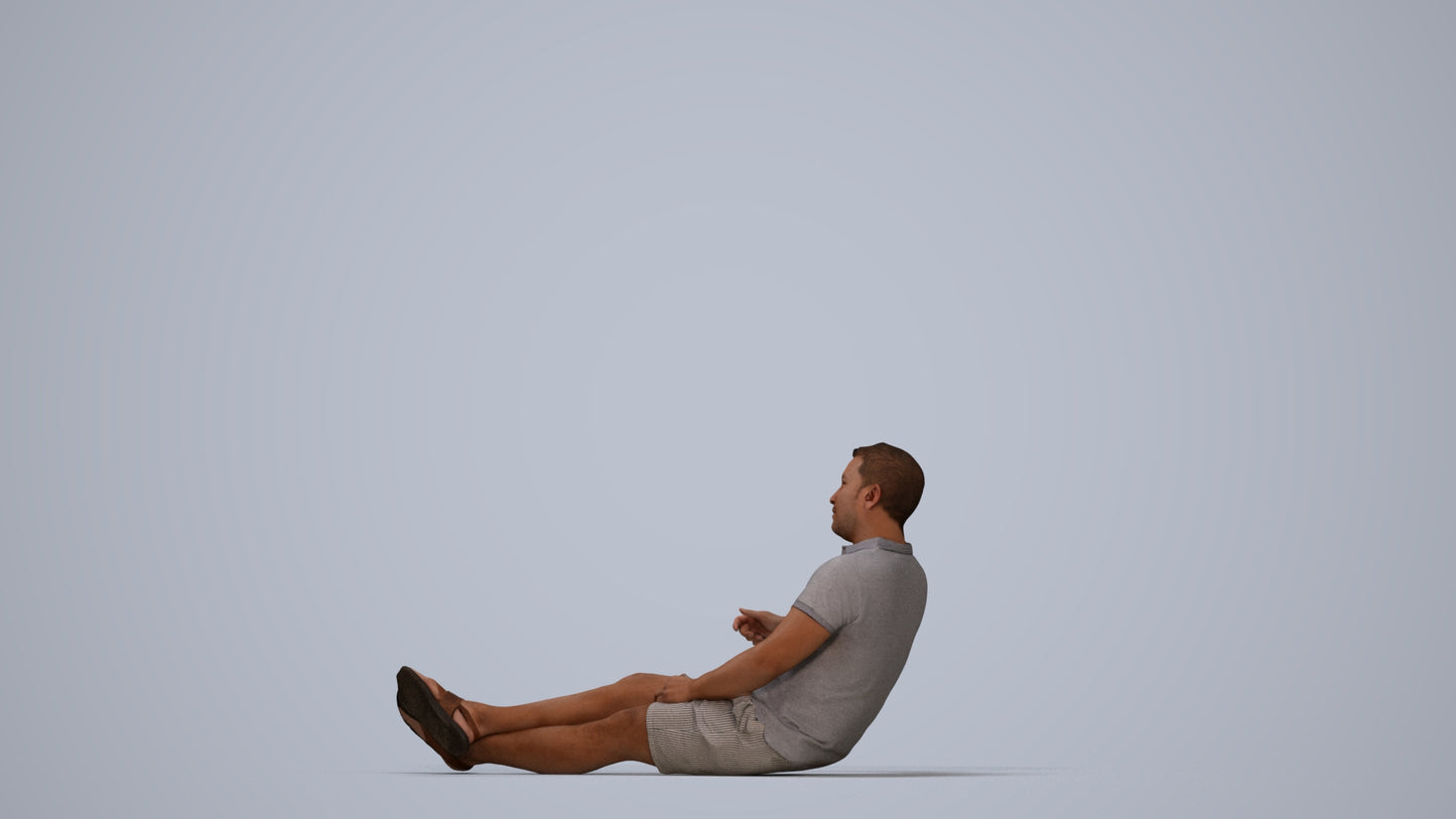 3D people model man casual sitting, scanned human for 3ds Max rendering, top-down view render