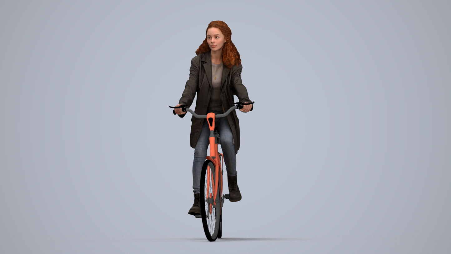 scanned 3D woman casual cycling, photogrammetry people for Enscape and V-Ray, top-down view render