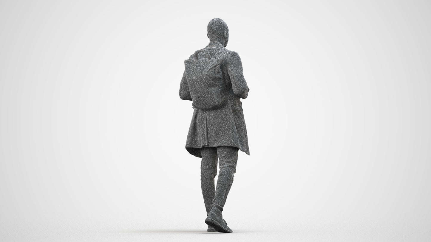 3D people model man casual walking, scanned human for 3ds Max rendering, wireframe side view