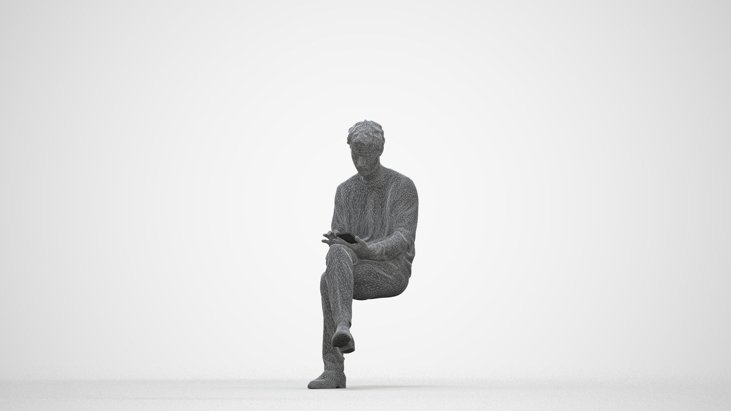 realistic 3D people man casual sitting, render-ready for V-Ray and Corona, FBX OBJ, wireframe back view