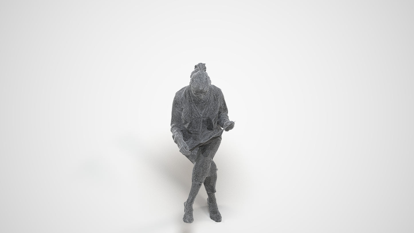 3D people model woman casual sitting, scanned human for 3ds Max rendering, wireframe three-quarter view