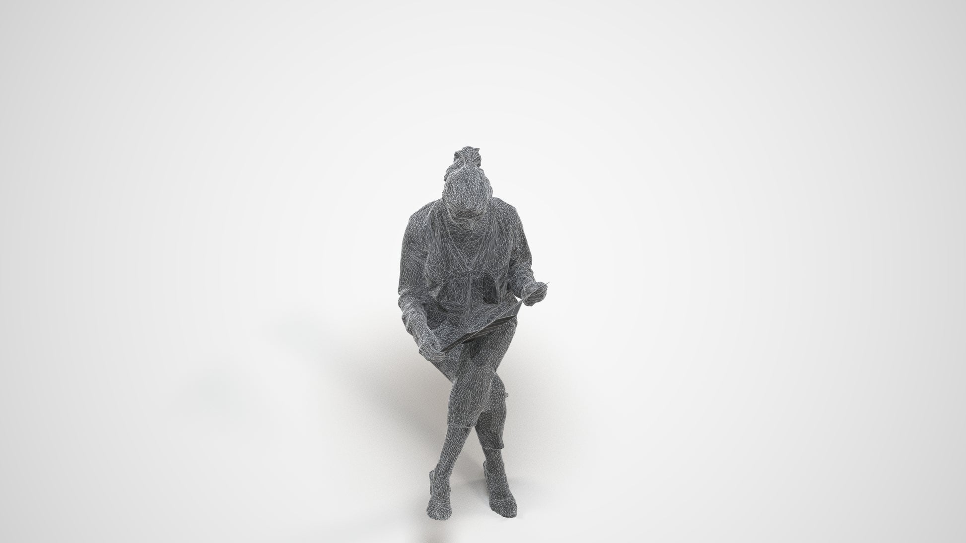 3D people model woman casual sitting, scanned human for 3ds Max rendering, wireframe three-quarter view