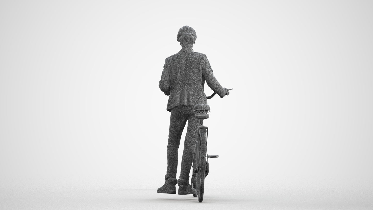 3D human model senior woman business cycling, photogrammetry scanned person for archviz, wireframe front view