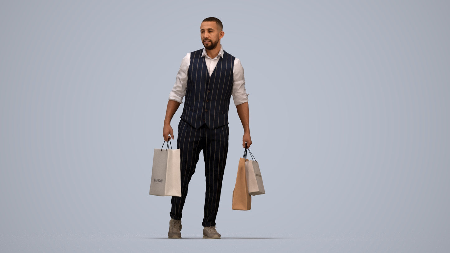 3D human model man casual shopping, photogrammetry scanned person for archviz, top-down view render