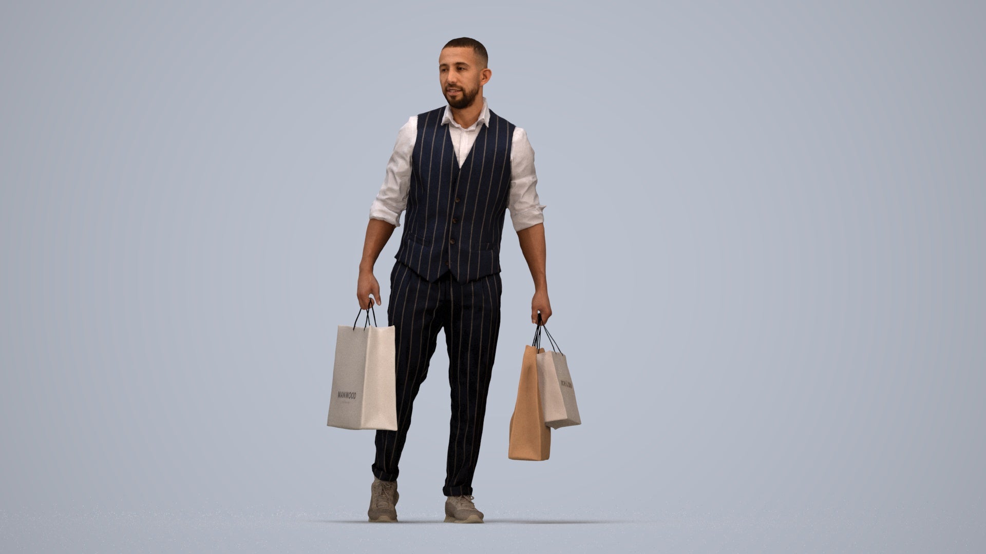 3D human model man casual shopping, photogrammetry scanned person for archviz, top-down view render