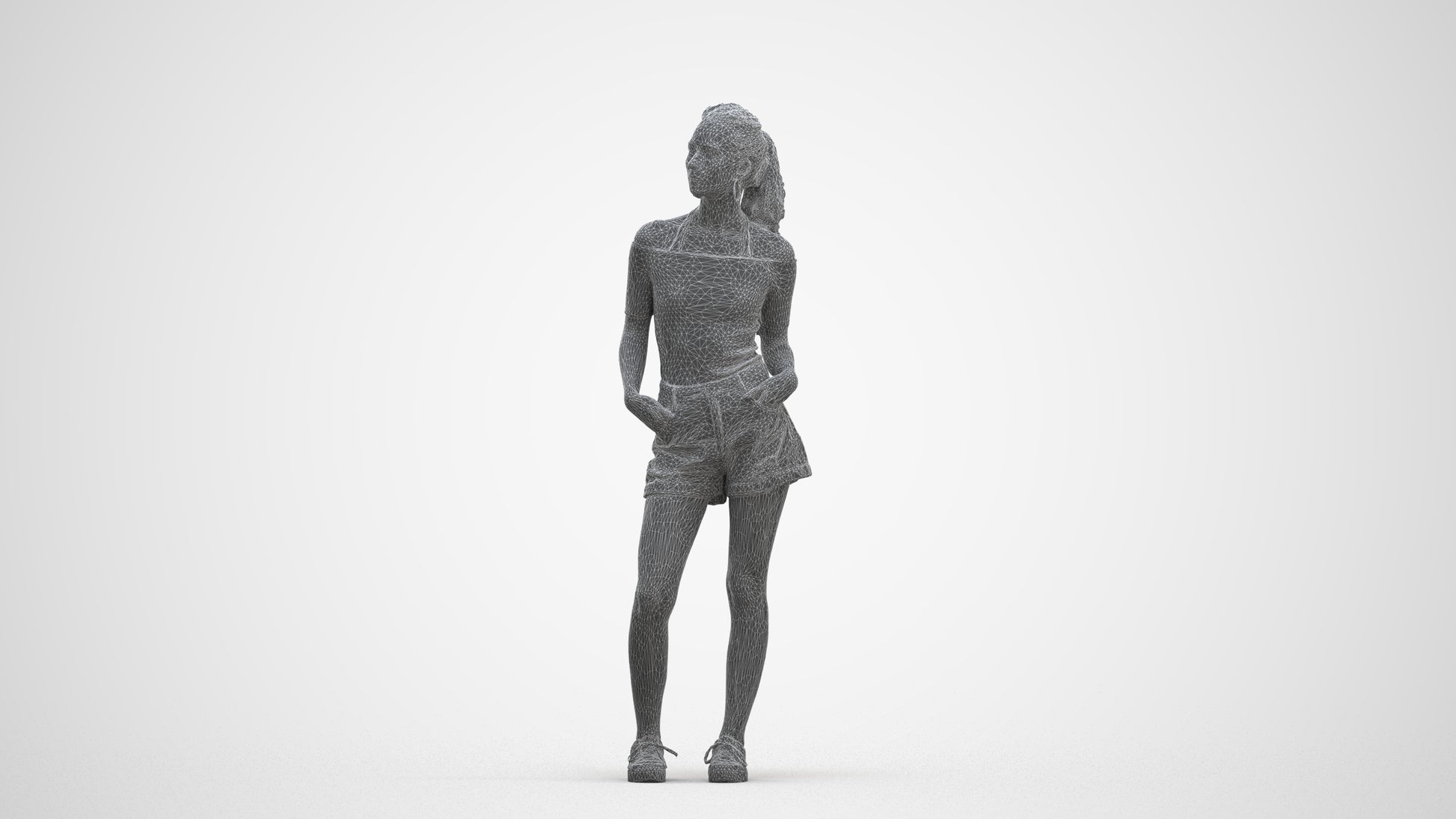 3D human model woman casual standing, photogrammetry scanned person for archviz, three-quarter front view render