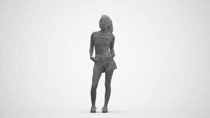3D human model woman casual standing, photogrammetry scanned person for archviz, three-quarter front view render