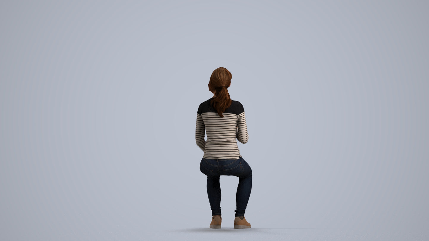 scanned 3D woman casual sitting, photogrammetry people for Enscape and V-Ray, front view render