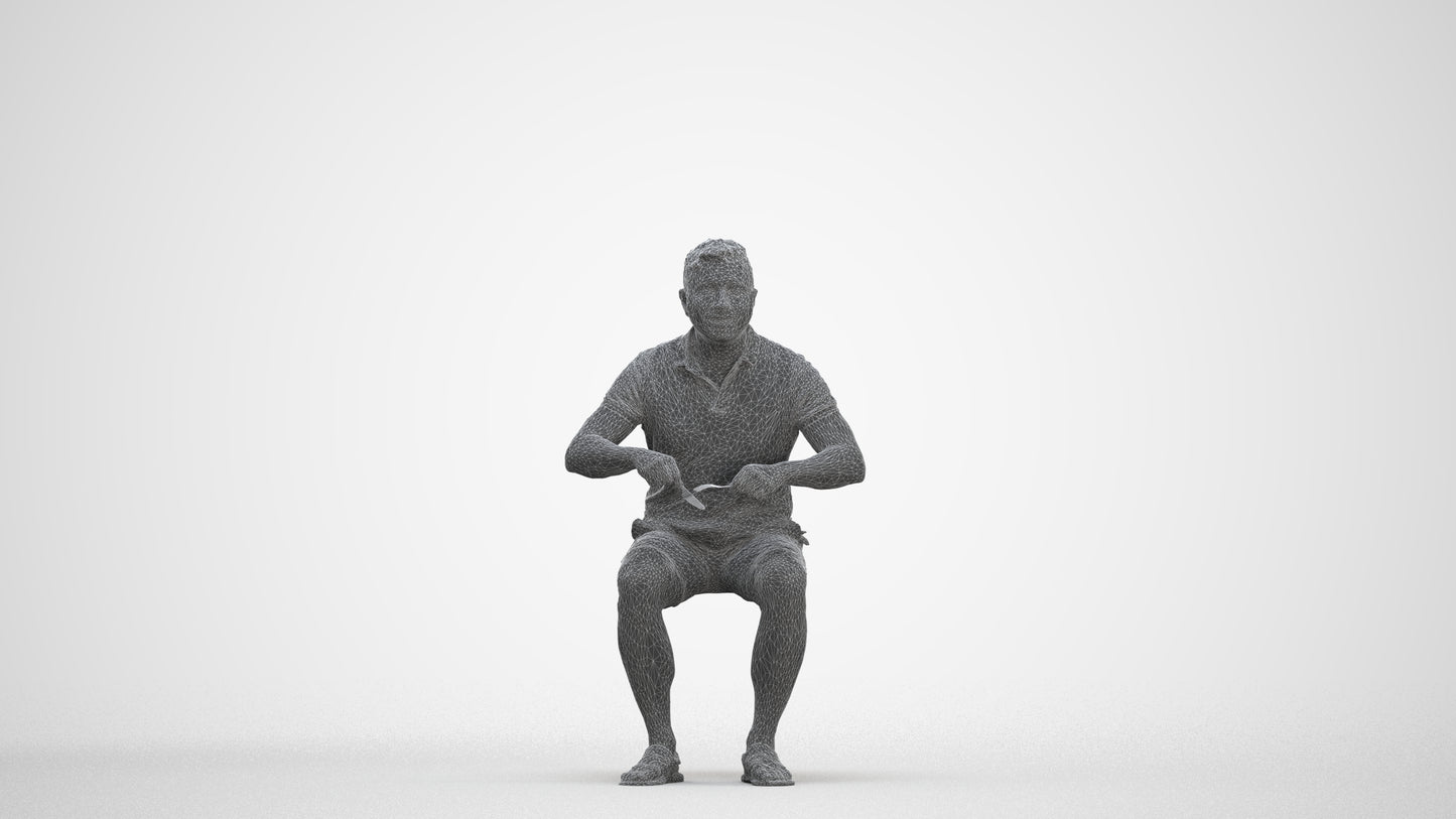 3D scanned man sitting casual, photorealistic archviz people for Enscape and SketchUp, three-quarter front view render