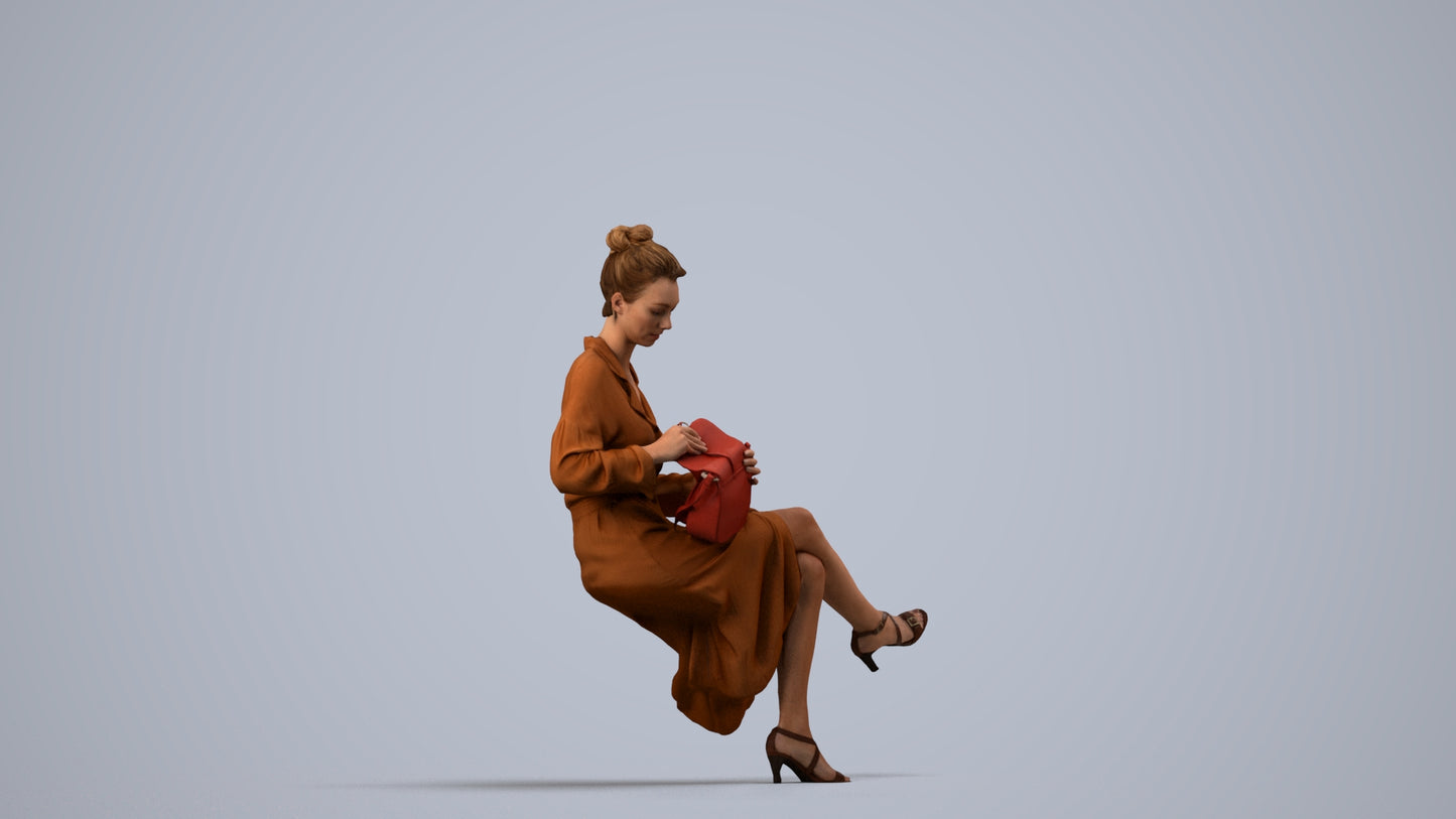 realistic 3D woman casual sitting, scanned archviz people for Blender and 3ds Max, side view render
