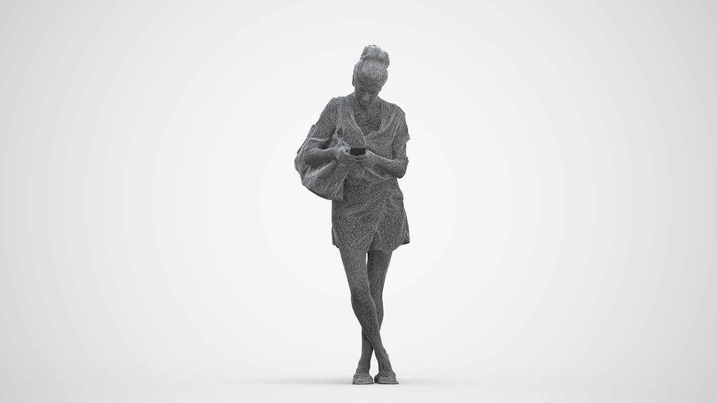 3D scanned woman standing casual, photorealistic archviz people for Enscape and SketchUp, three-quarter front view render