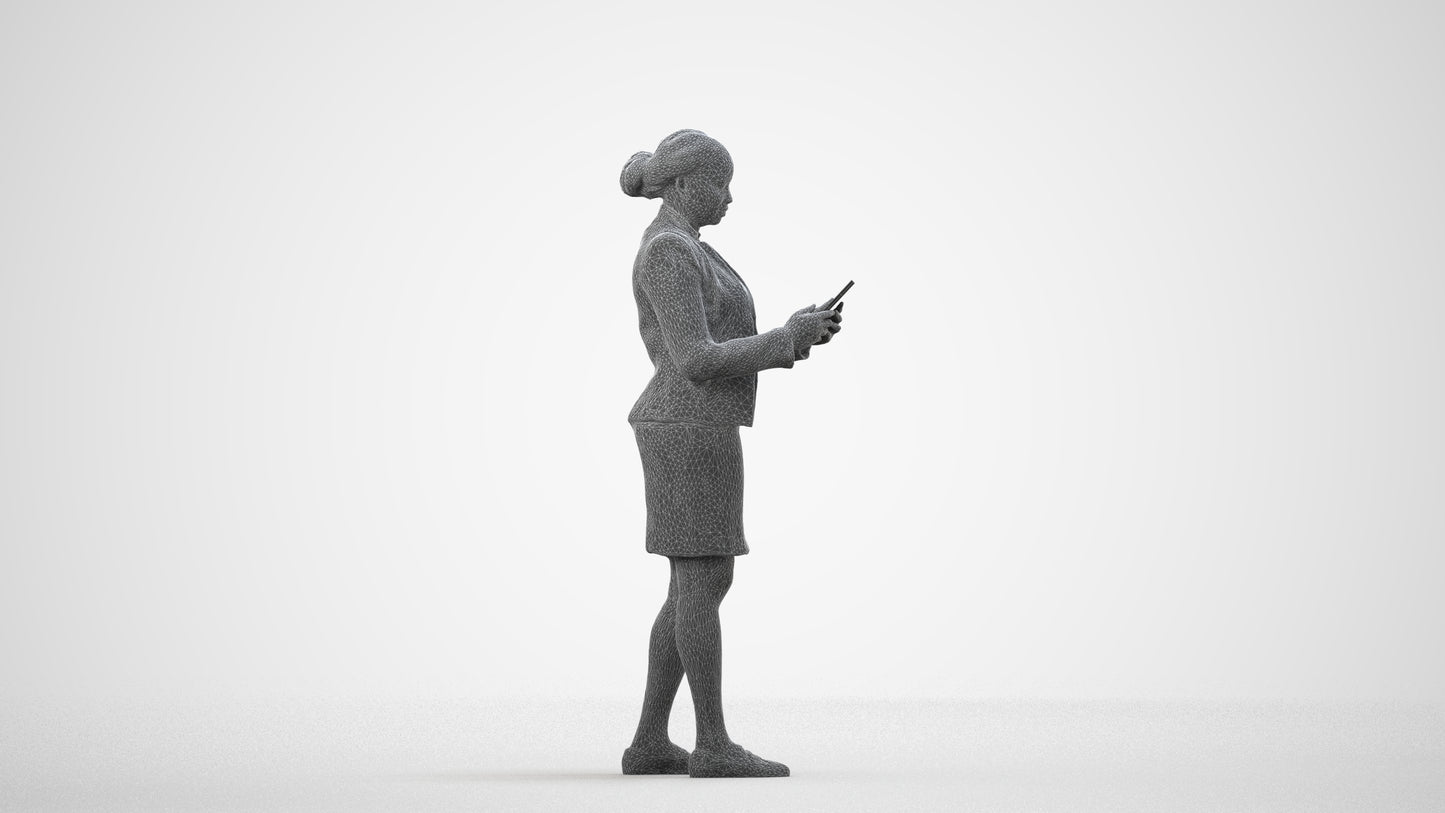 3D human model woman business standing, photogrammetry scanned person for archviz, wireframe side view