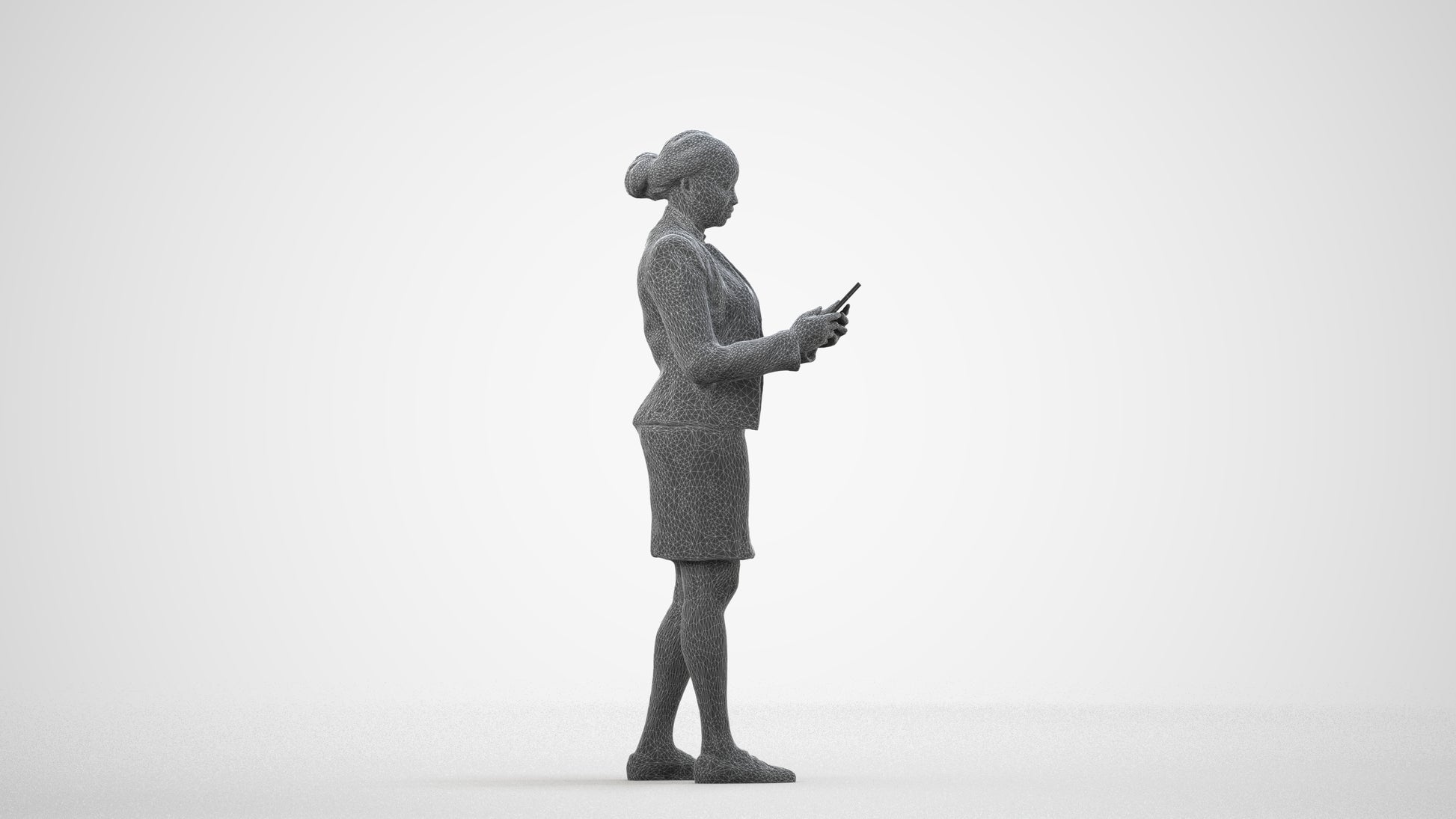 3D human model woman business standing, photogrammetry scanned person for archviz, wireframe side view