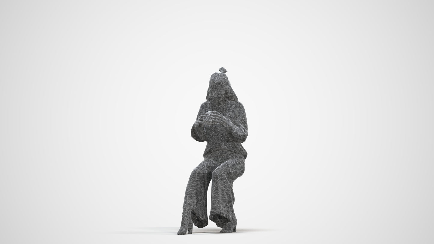 3D human model woman casual sitting, photogrammetry scanned person for archviz, three-quarter front view render