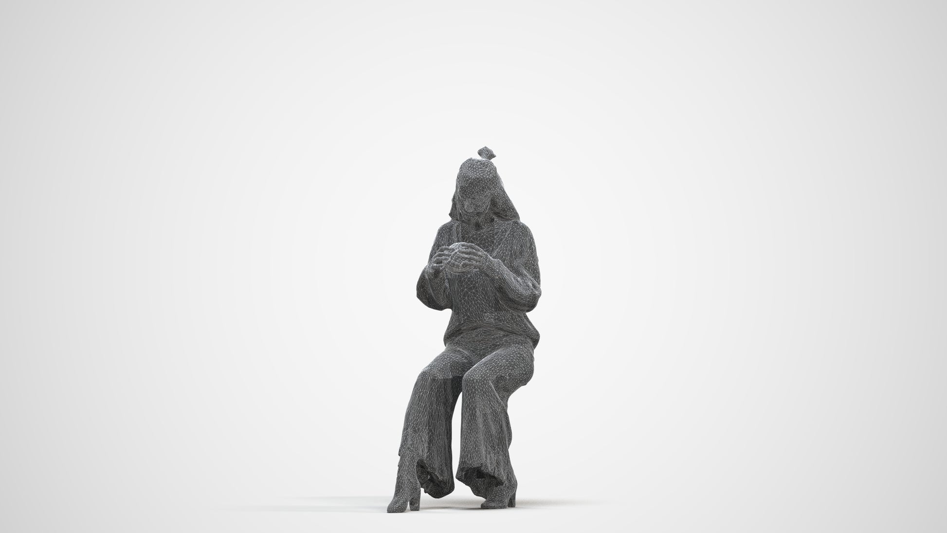3D human model woman casual sitting, photogrammetry scanned person for archviz, three-quarter front view render