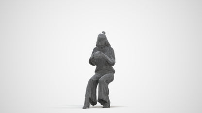 3D human model woman casual sitting, photogrammetry scanned person for archviz, three-quarter front view render