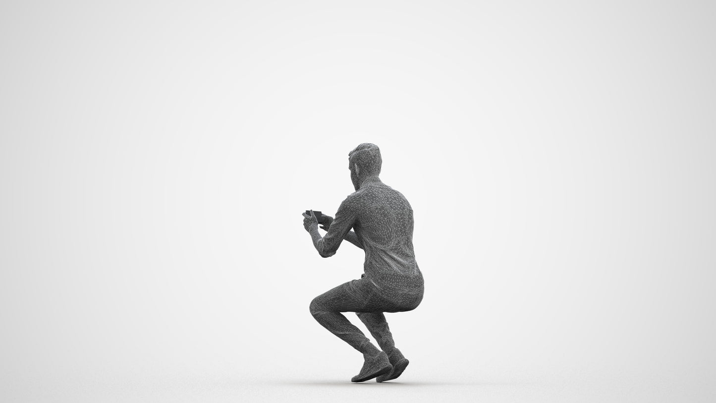 realistic 3D man casual sitting, scanned archviz people for Blender and 3ds Max, wireframe front view