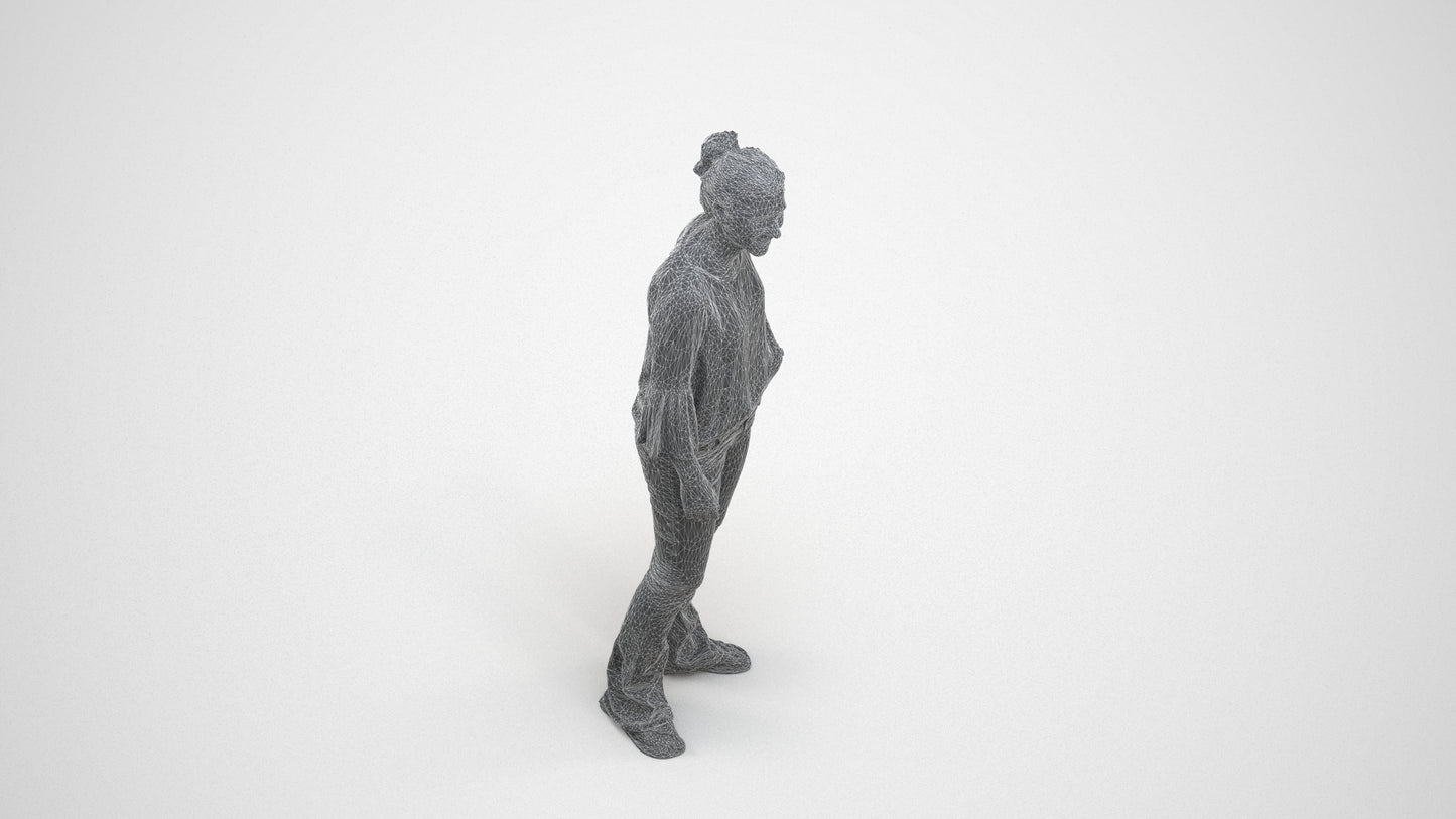realistic 3D human woman casual standing, archviz people FBX OBJ for Blender, wireframe three-quarter view