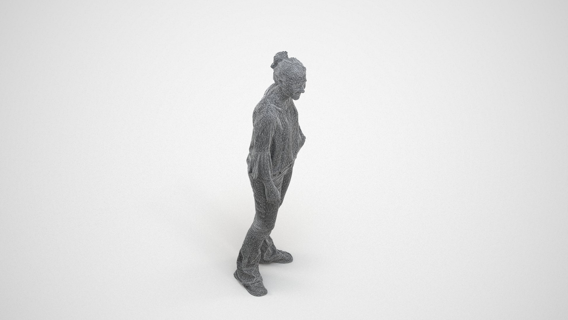 realistic 3D human woman casual standing, archviz people FBX OBJ for Blender, wireframe three-quarter view