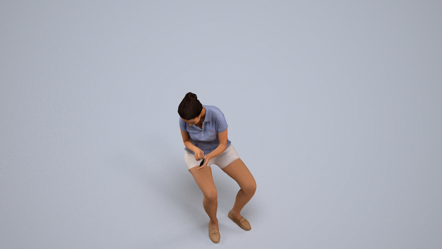 realistic 3D woman casual sitting, scanned archviz people for Blender and 3ds Max, back view render