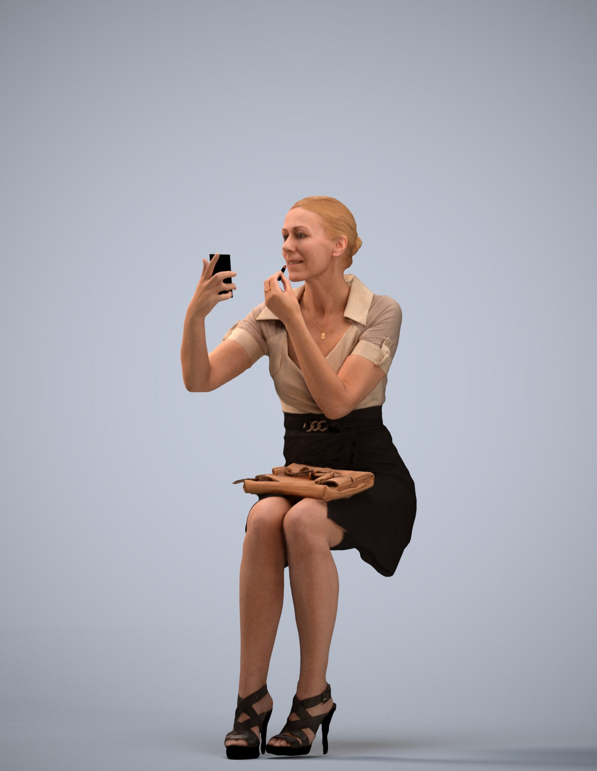3D human model woman casual sitting, photogrammetry scanned person for archviz