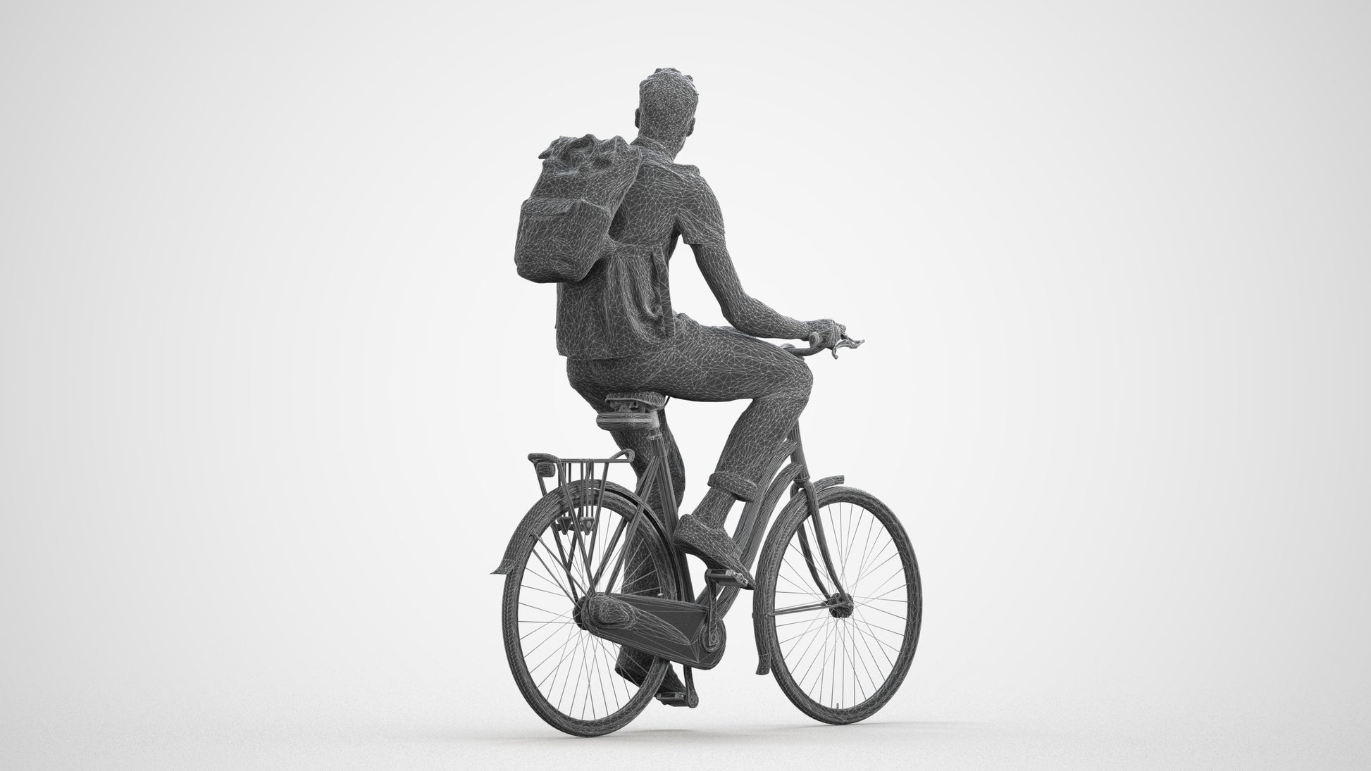 3D people model man casual cycling, scanned human for 3ds Max rendering, wireframe front view