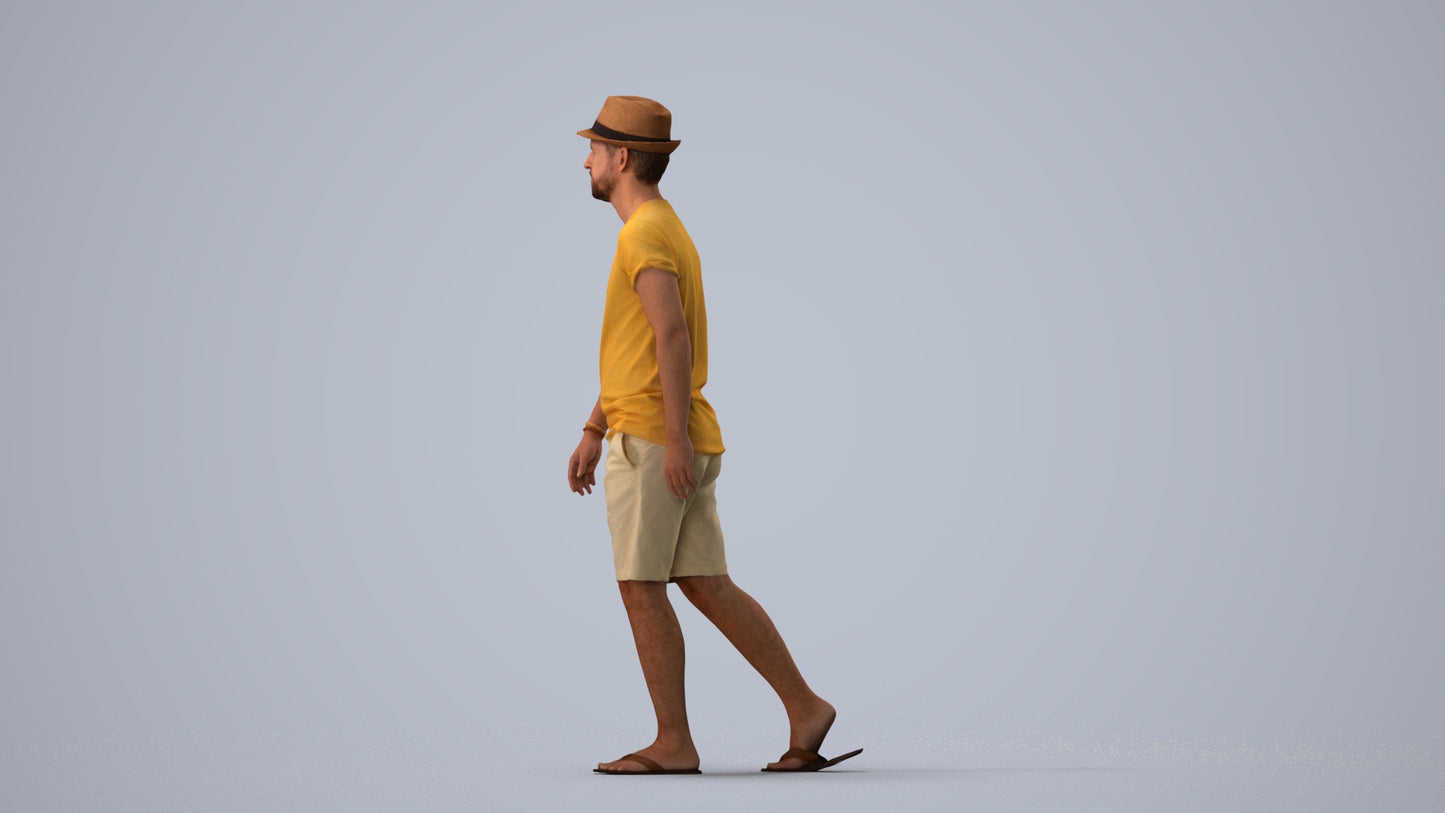 3D people model man casual walking, scanned human for 3ds Max rendering, three-quarter view render