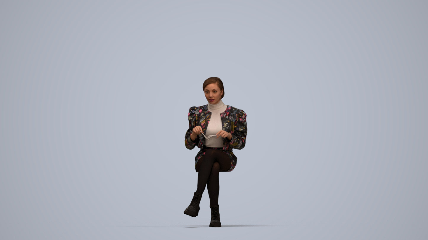 3D people model woman casual sitting, scanned human for 3ds Max rendering, top-down view render