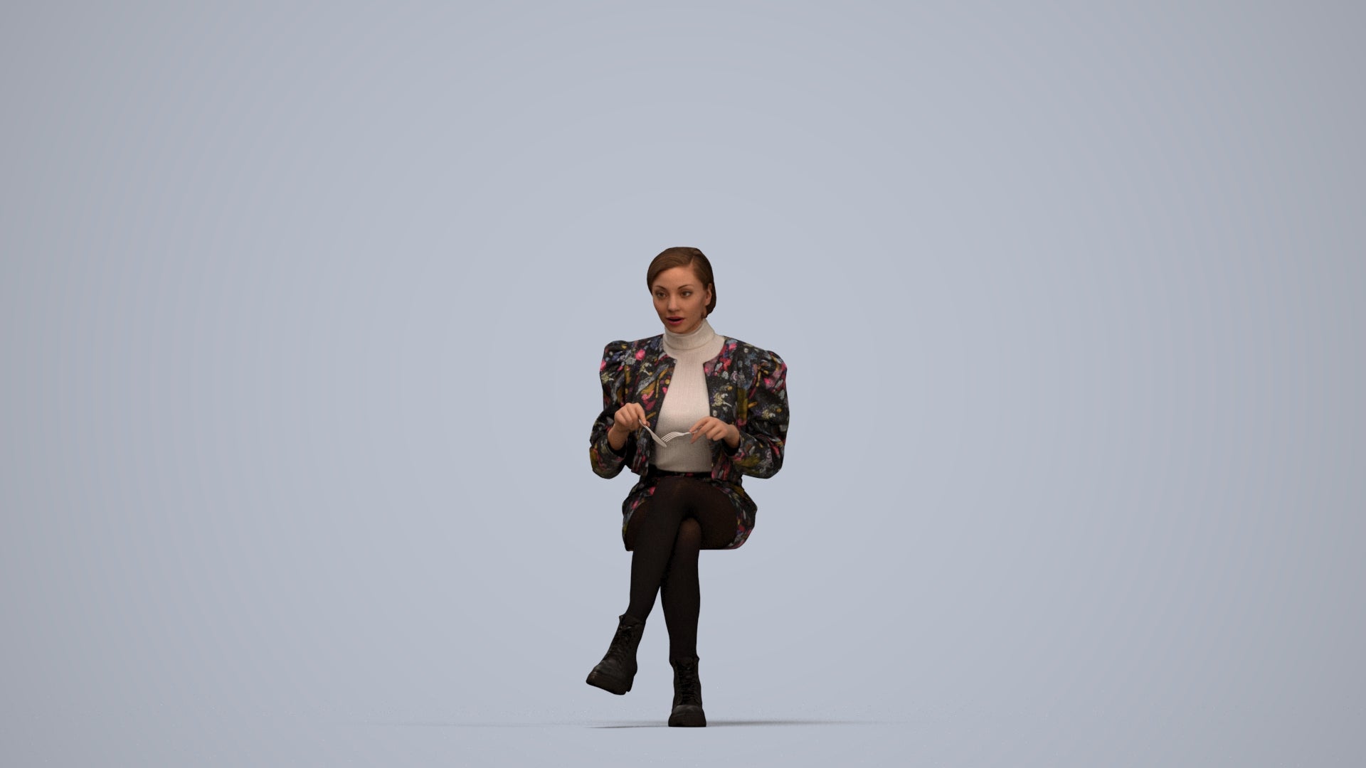 3D people model woman casual sitting, scanned human for 3ds Max rendering, top-down view render