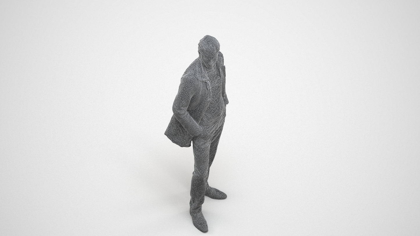 3D scanned man standing casual, photorealistic archviz people for Enscape and SketchUp, wireframe three-quarter view