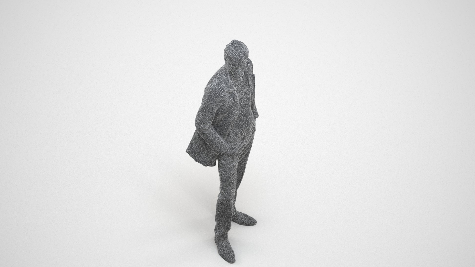 3D scanned man standing casual, photorealistic archviz people for Enscape and SketchUp, wireframe three-quarter view