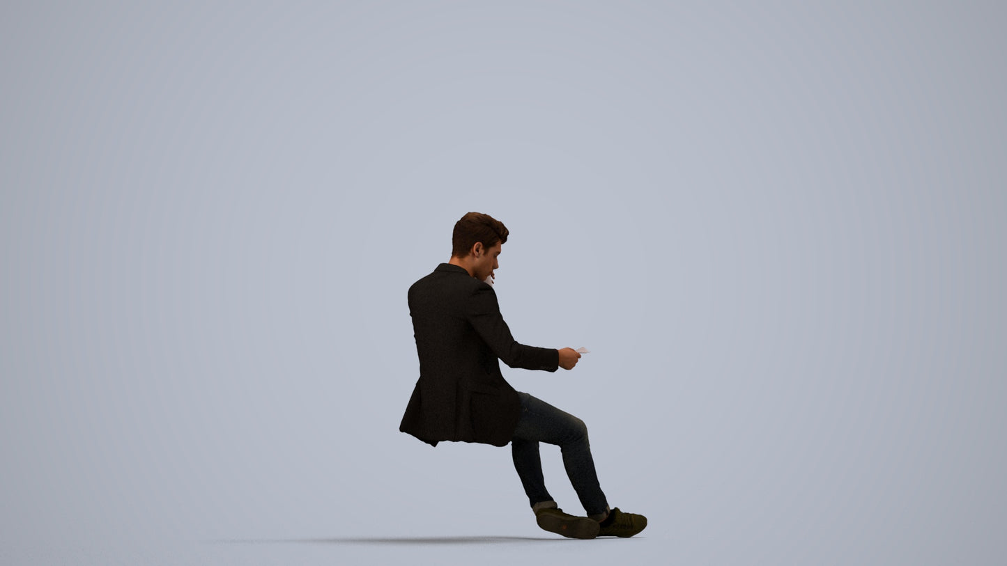 3D human model man casual sitting, photogrammetry scanned person for archviz, side view render