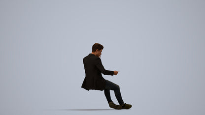 3D human model man casual sitting, photogrammetry scanned person for archviz, side view render
