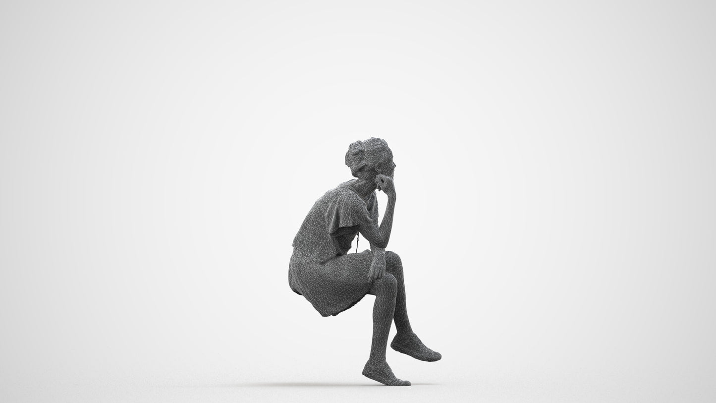 scanned 3D woman casual sitting, photogrammetry people for Enscape and V-Ray, wireframe side view
