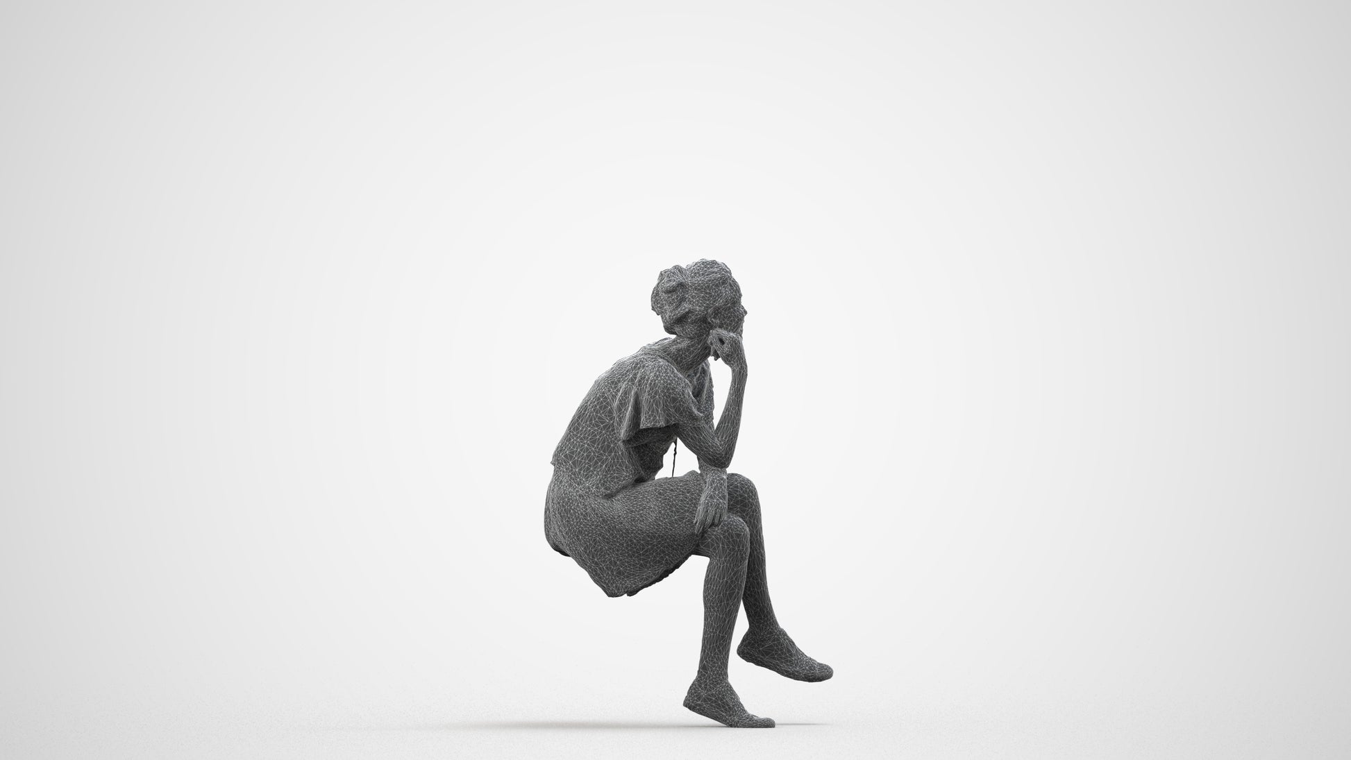 scanned 3D woman casual sitting, photogrammetry people for Enscape and V-Ray, wireframe side view