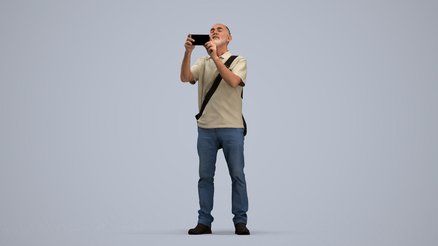 3D people model senior man casual standing, scanned human for 3ds Max rendering, standing pose render