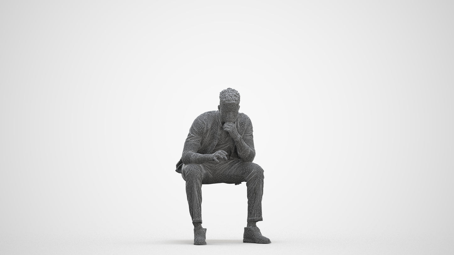 3D human model man casual sitting, photogrammetry scanned person for archviz, three-quarter front view render