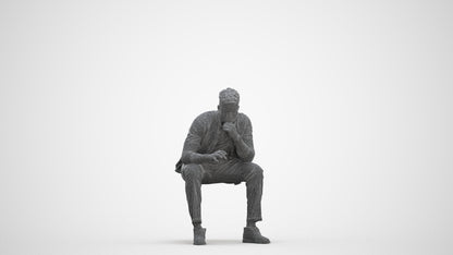 3D human model man casual sitting, photogrammetry scanned person for archviz, three-quarter front view render