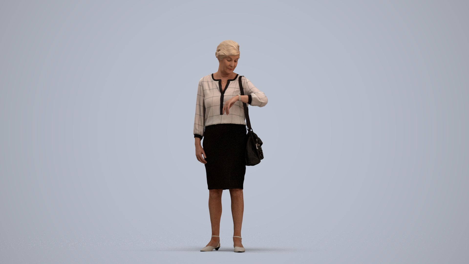 3D scanned senior woman standing business, photorealistic archviz people for Enscape and SketchUp, standing pose render